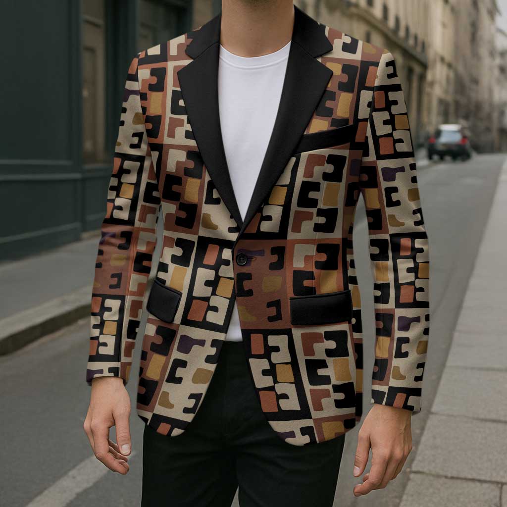 Kuba Flow Blazer with Geometric Tribal Blocks and Earth-Tone Mosaic Design - Wonder Print Shop