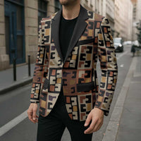 Kuba Flow Blazer with Geometric Tribal Blocks and Earth-Tone Mosaic Design - Wonder Print Shop