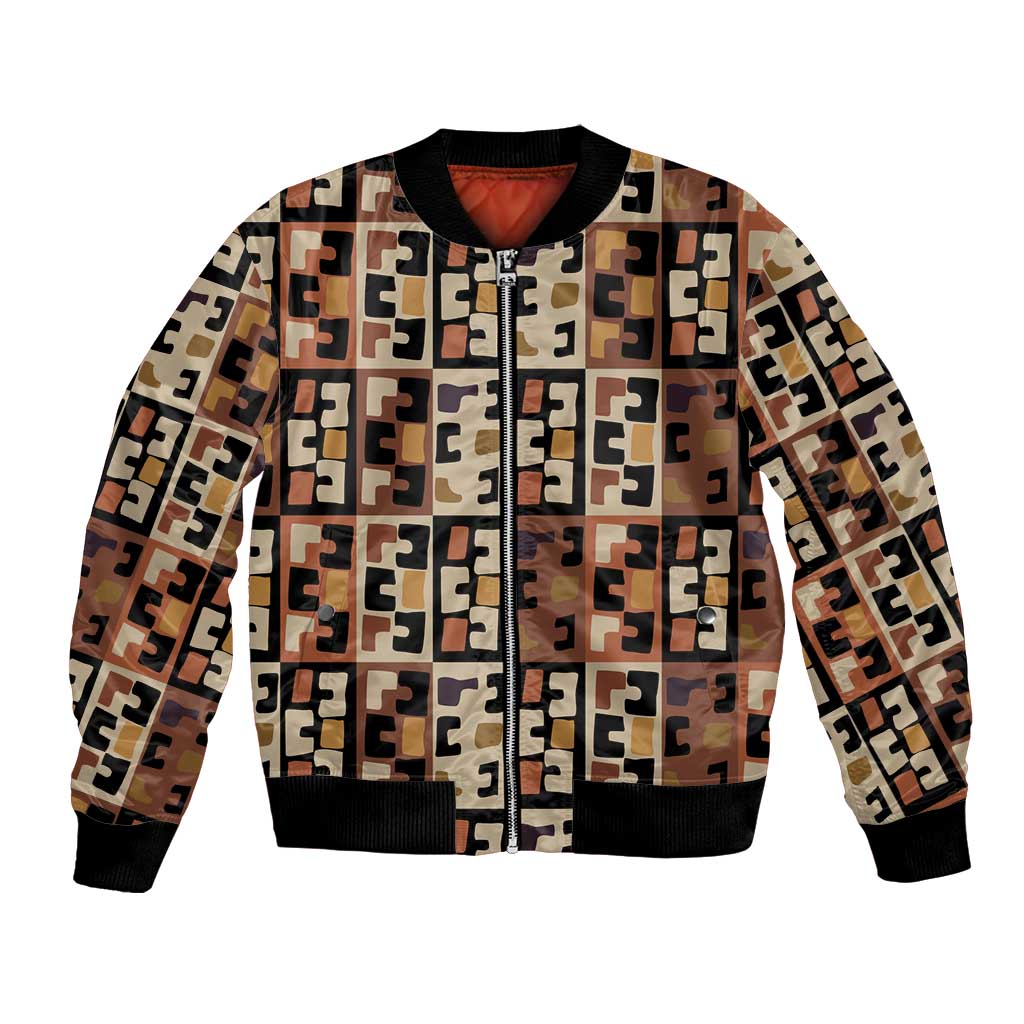 Kuba Flow Bomber Jacket with Geometric Tribal Blocks and Earth-Tone Mosaic Design - Wonder Print Shop