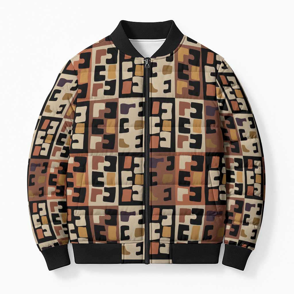 Kuba Flow Bomber Puffer Jacket with Geometric Tribal Blocks and Earth-Tone Mosaic Design - Wonder Print Shop