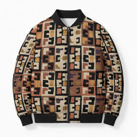 Kuba Flow Bomber Puffer Jacket with Geometric Tribal Blocks and Earth-Tone Mosaic Design - Wonder Print Shop