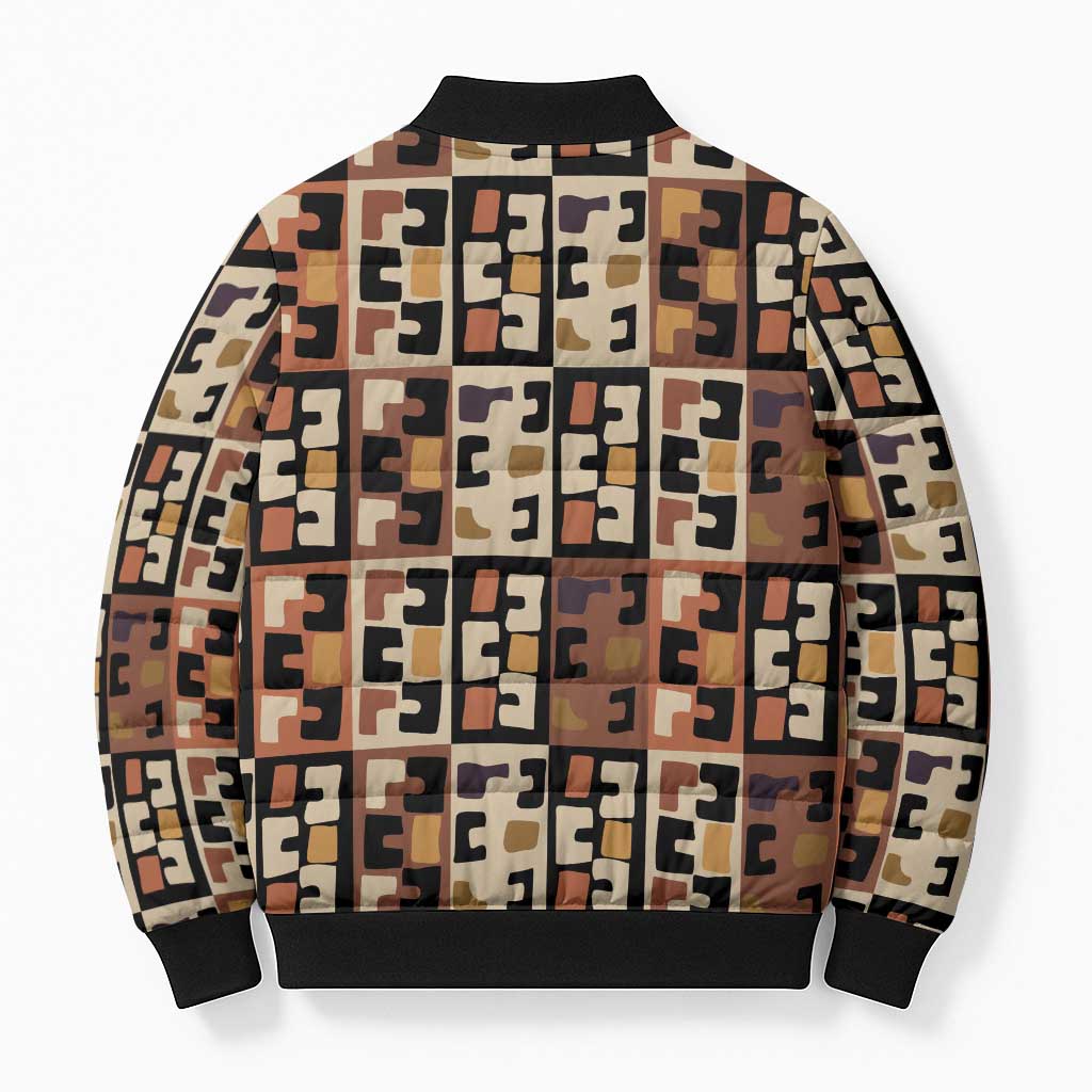 Kuba Flow Bomber Puffer Jacket with Geometric Tribal Blocks and Earth-Tone Mosaic Design - Wonder Print Shop