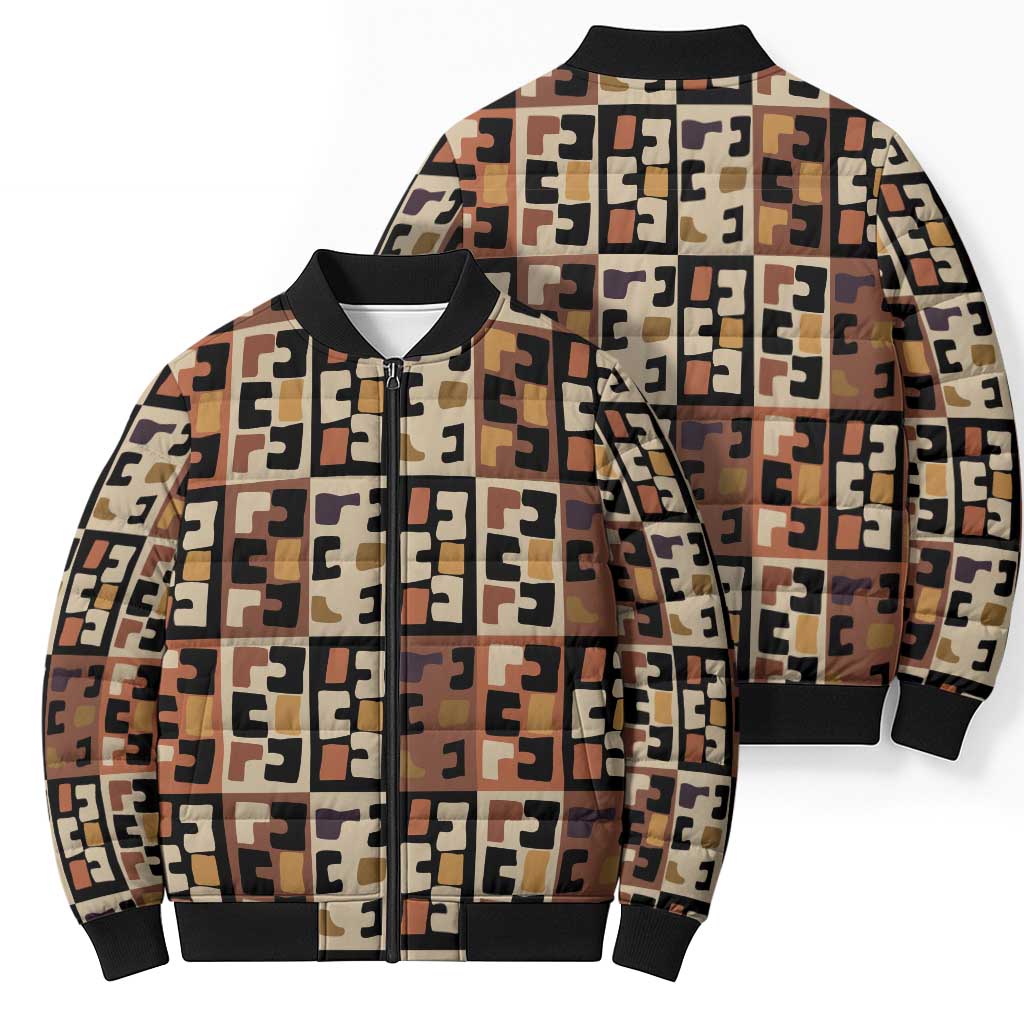 Kuba Flow Bomber Puffer Jacket with Geometric Tribal Blocks and Earth-Tone Mosaic Design - Wonder Print Shop