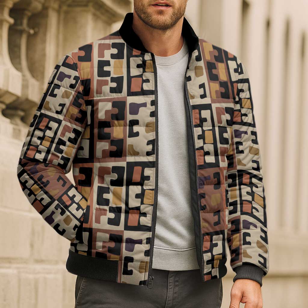 Kuba Flow Bomber Puffer Jacket with Geometric Tribal Blocks and Earth-Tone Mosaic Design - Wonder Print Shop
