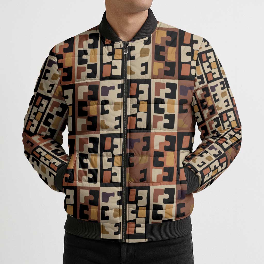 Kuba Flow Bomber Puffer Jacket with Geometric Tribal Blocks and Earth-Tone Mosaic Design - Wonder Print Shop