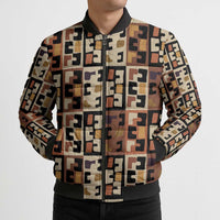 Kuba Flow Bomber Puffer Jacket with Geometric Tribal Blocks and Earth-Tone Mosaic Design - Wonder Print Shop