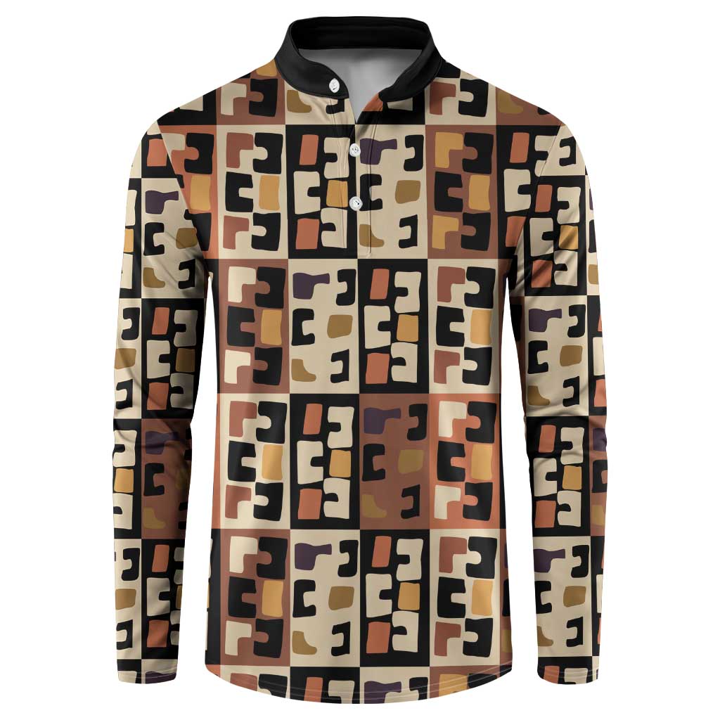 Kuba Flow Button Sweatshirt with Geometric Tribal Blocks and Earth-Tone Mosaic Design - Wonder Print Shop