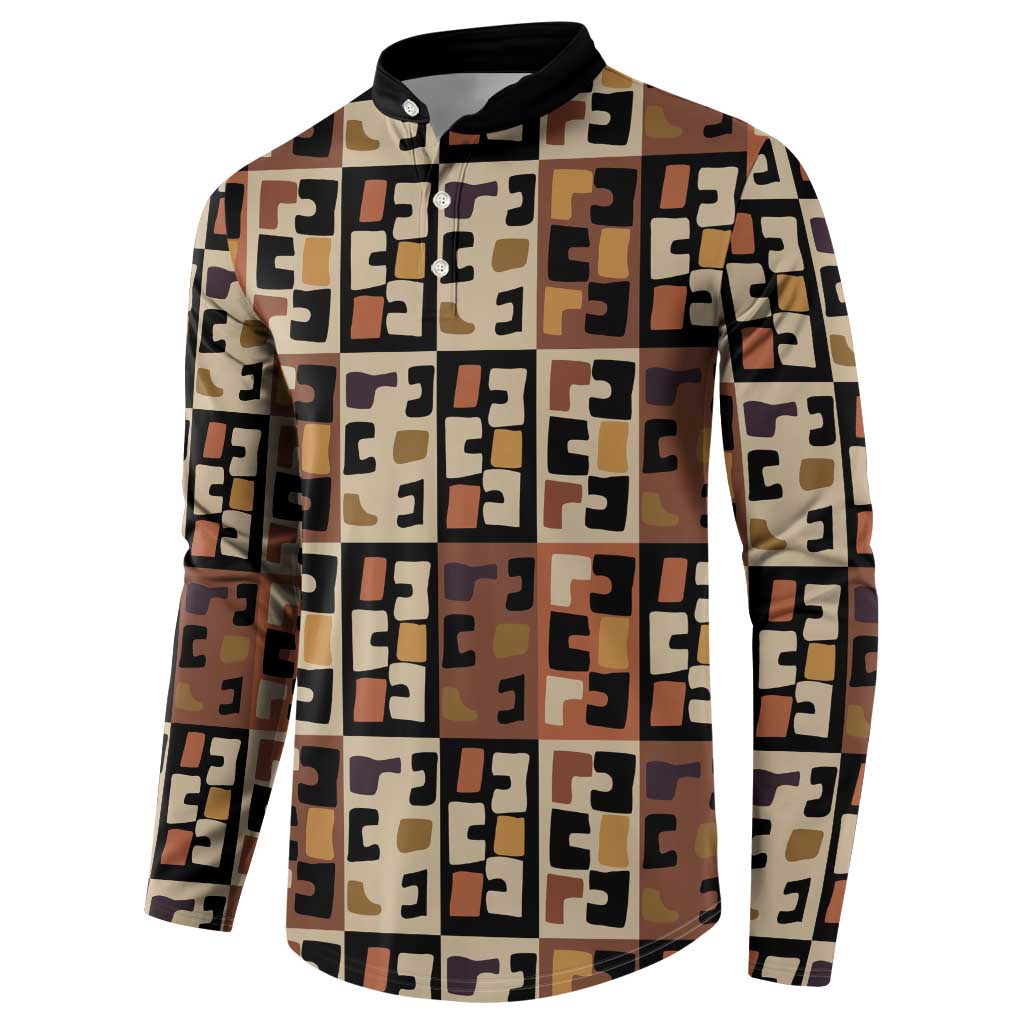 Kuba Flow Button Sweatshirt with Geometric Tribal Blocks and Earth-Tone Mosaic Design - Wonder Print Shop
