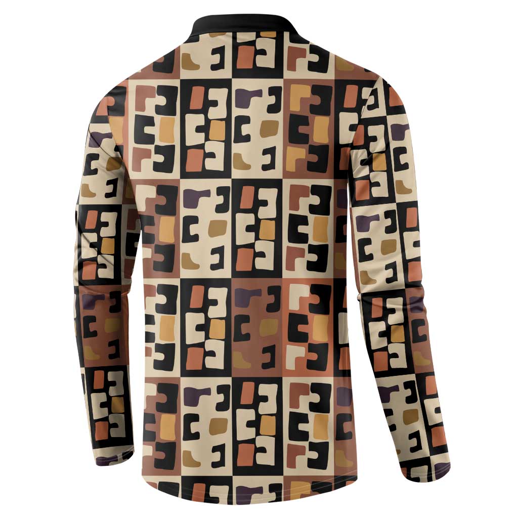 Kuba Flow Button Sweatshirt with Geometric Tribal Blocks and Earth-Tone Mosaic Design - Wonder Print Shop