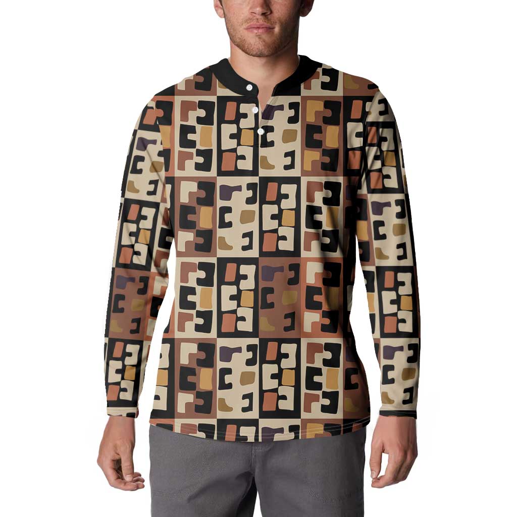 Kuba Flow Button Sweatshirt with Geometric Tribal Blocks and Earth-Tone Mosaic Design - Wonder Print Shop