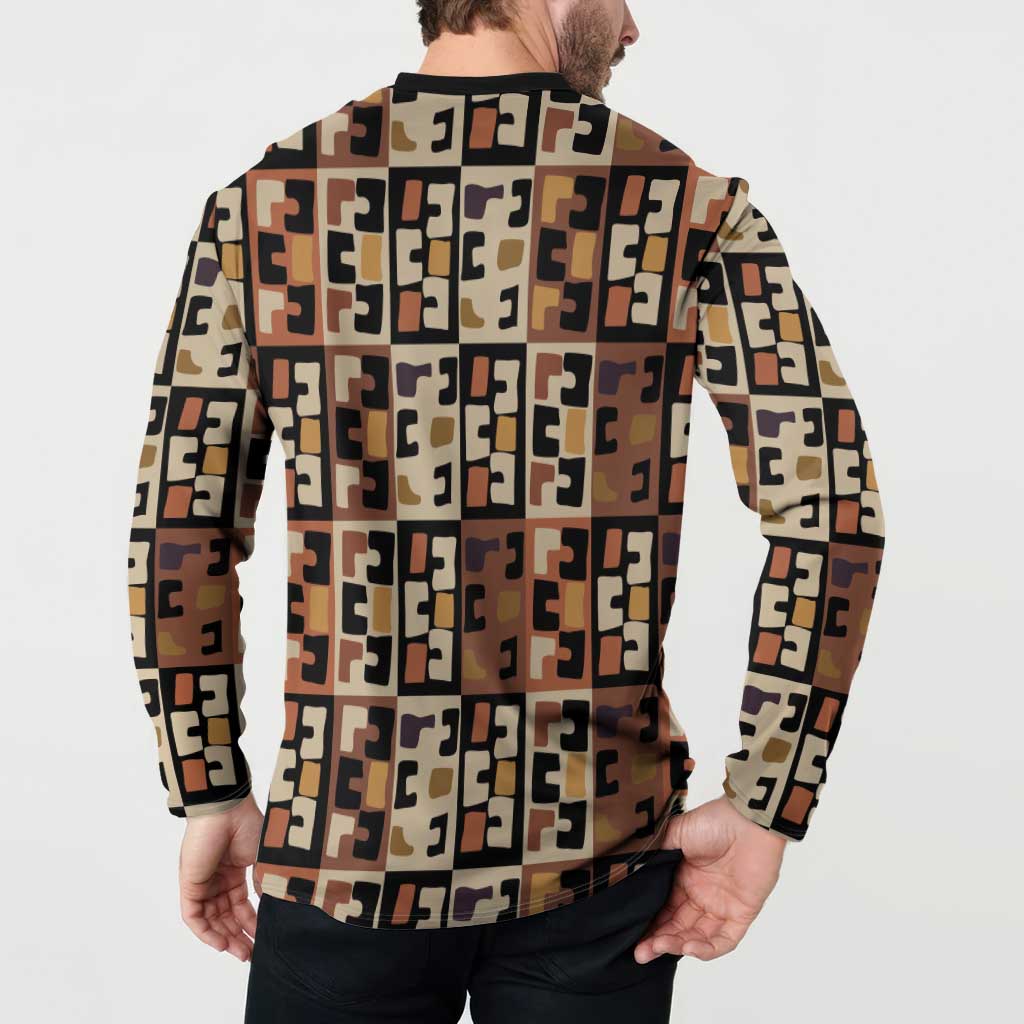 Kuba Flow Button Sweatshirt with Geometric Tribal Blocks and Earth-Tone Mosaic Design - Wonder Print Shop