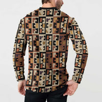 Kuba Flow Button Sweatshirt with Geometric Tribal Blocks and Earth-Tone Mosaic Design - Wonder Print Shop