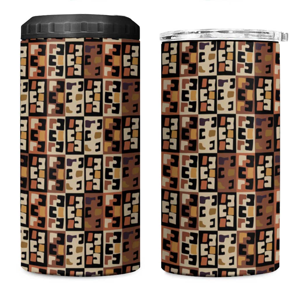 Kuba Flow 4 in 1 Can Cooler Tumbler with Geometric Tribal Blocks and Earth-Tone Mosaic Design - Wonder Print Shop