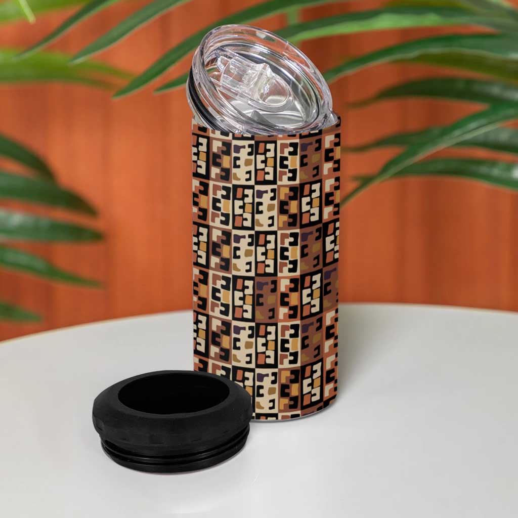 Kuba Flow 4 in 1 Can Cooler Tumbler with Geometric Tribal Blocks and Earth-Tone Mosaic Design - Wonder Print Shop