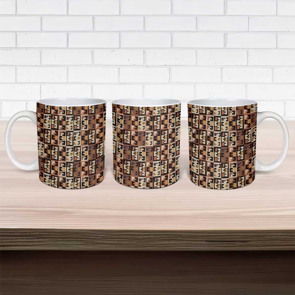Kuba Flow Ceramic Mug with Geometric Tribal Blocks and Earth-Tone Mosaic Design - Wonder Print Shop