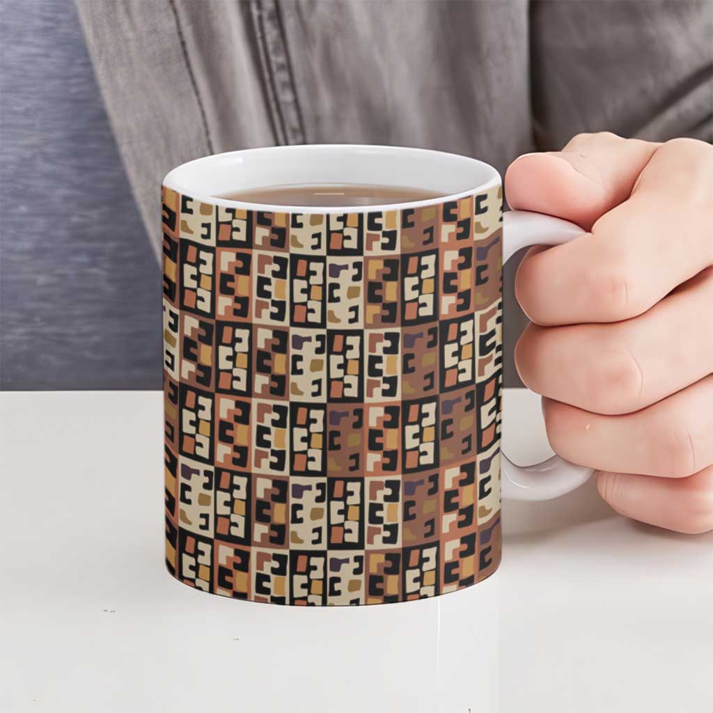 Kuba Flow Ceramic Mug with Geometric Tribal Blocks and Earth-Tone Mosaic Design - Wonder Print Shop