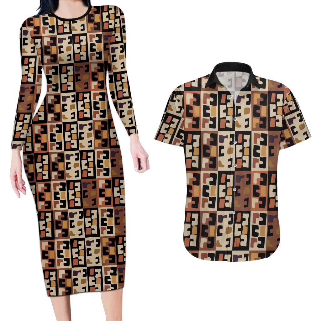 Kuba Flow Couples Matching Long Sleeve Bodycon Dress and Hawaiian Shirt with Geometric Tribal Blocks and Earth-Tone Mosaic Design - Wonder Print Shop