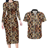Kuba Flow Couples Matching Long Sleeve Bodycon Dress and Hawaiian Shirt with Geometric Tribal Blocks and Earth-Tone Mosaic Design - Wonder Print Shop