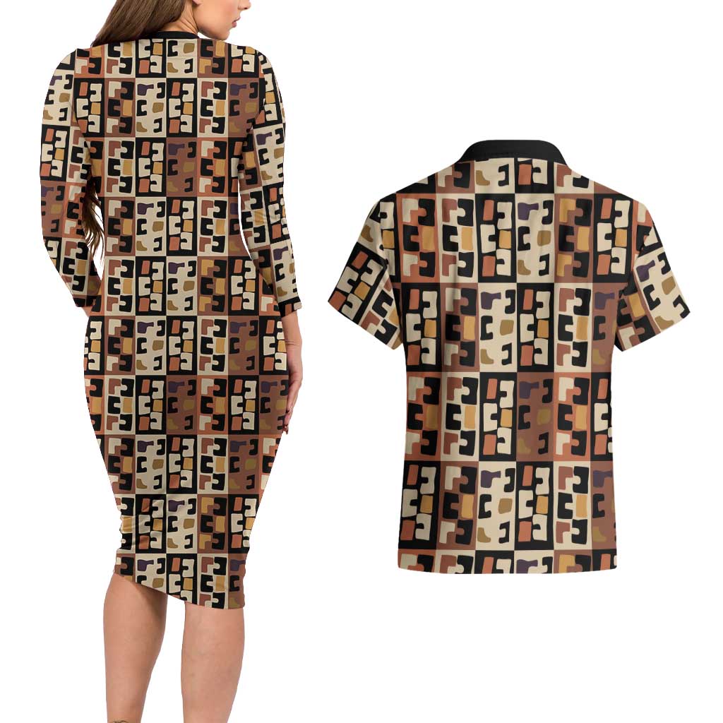 Kuba Flow Couples Matching Long Sleeve Bodycon Dress and Hawaiian Shirt with Geometric Tribal Blocks and Earth-Tone Mosaic Design - Wonder Print Shop