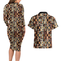 Kuba Flow Couples Matching Long Sleeve Bodycon Dress and Hawaiian Shirt with Geometric Tribal Blocks and Earth-Tone Mosaic Design - Wonder Print Shop