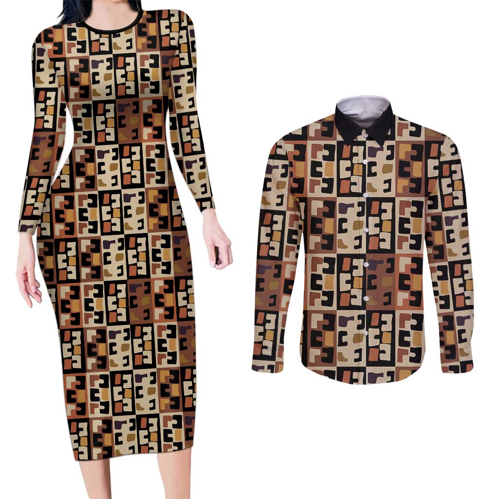Kuba Flow Couples Matching Long Sleeve Bodycon Dress and Long Sleeve Button Shirt with Geometric Tribal Blocks and Earth-Tone Mosaic Design - Wonder Print Shop