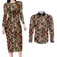 Kuba Flow Couples Matching Long Sleeve Bodycon Dress and Long Sleeve Button Shirt with Geometric Tribal Blocks and Earth-Tone Mosaic Design - Wonder Print Shop