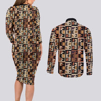 Kuba Flow Couples Matching Long Sleeve Bodycon Dress and Long Sleeve Button Shirt with Geometric Tribal Blocks and Earth-Tone Mosaic Design - Wonder Print Shop