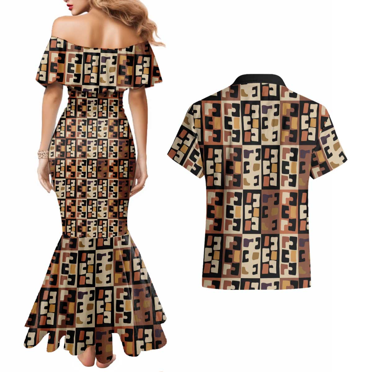Kuba Flow Couples Matching Mermaid Dress and Hawaiian Shirt with Geometric Tribal Blocks and Earth-Tone Mosaic Design - Wonder Print Shop