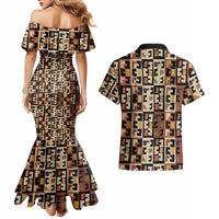 Kuba Flow Couples Matching Mermaid Dress and Hawaiian Shirt with Geometric Tribal Blocks and Earth-Tone Mosaic Design - Wonder Print Shop