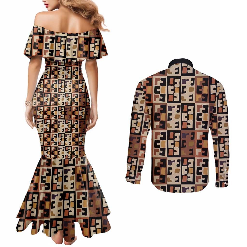 Kuba Flow Couples Matching Mermaid Dress and Long Sleeve Button Shirt with Geometric Tribal Blocks and Earth-Tone Mosaic Design - Wonder Print Shop