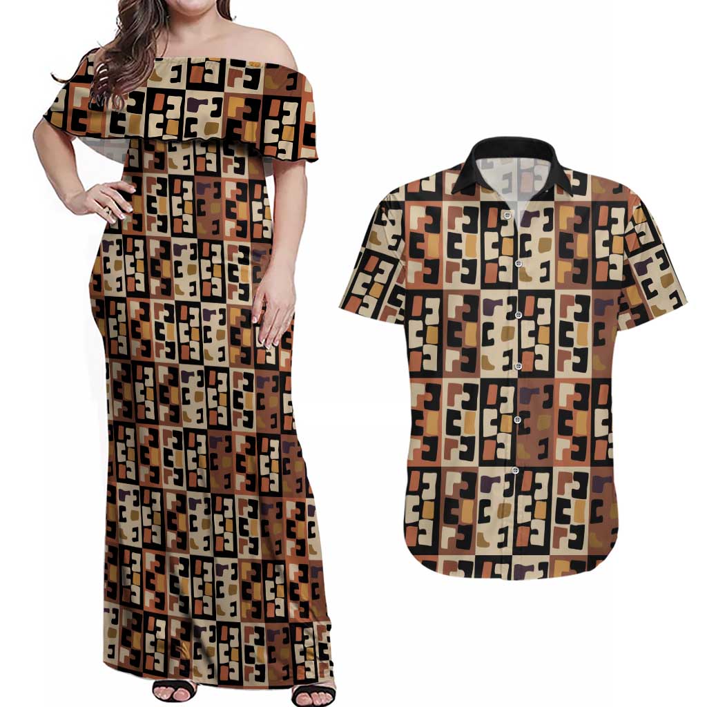 Kuba Flow Couples Matching Off Shoulder Maxi Dress and Hawaiian Shirt with Geometric Tribal Blocks and Earth-Tone Mosaic Design - Wonder Print Shop