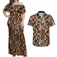 Kuba Flow Couples Matching Off Shoulder Maxi Dress and Hawaiian Shirt with Geometric Tribal Blocks and Earth-Tone Mosaic Design - Wonder Print Shop
