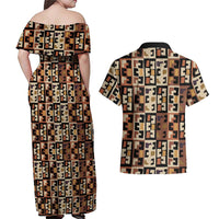 Kuba Flow Couples Matching Off Shoulder Maxi Dress and Hawaiian Shirt with Geometric Tribal Blocks and Earth-Tone Mosaic Design - Wonder Print Shop