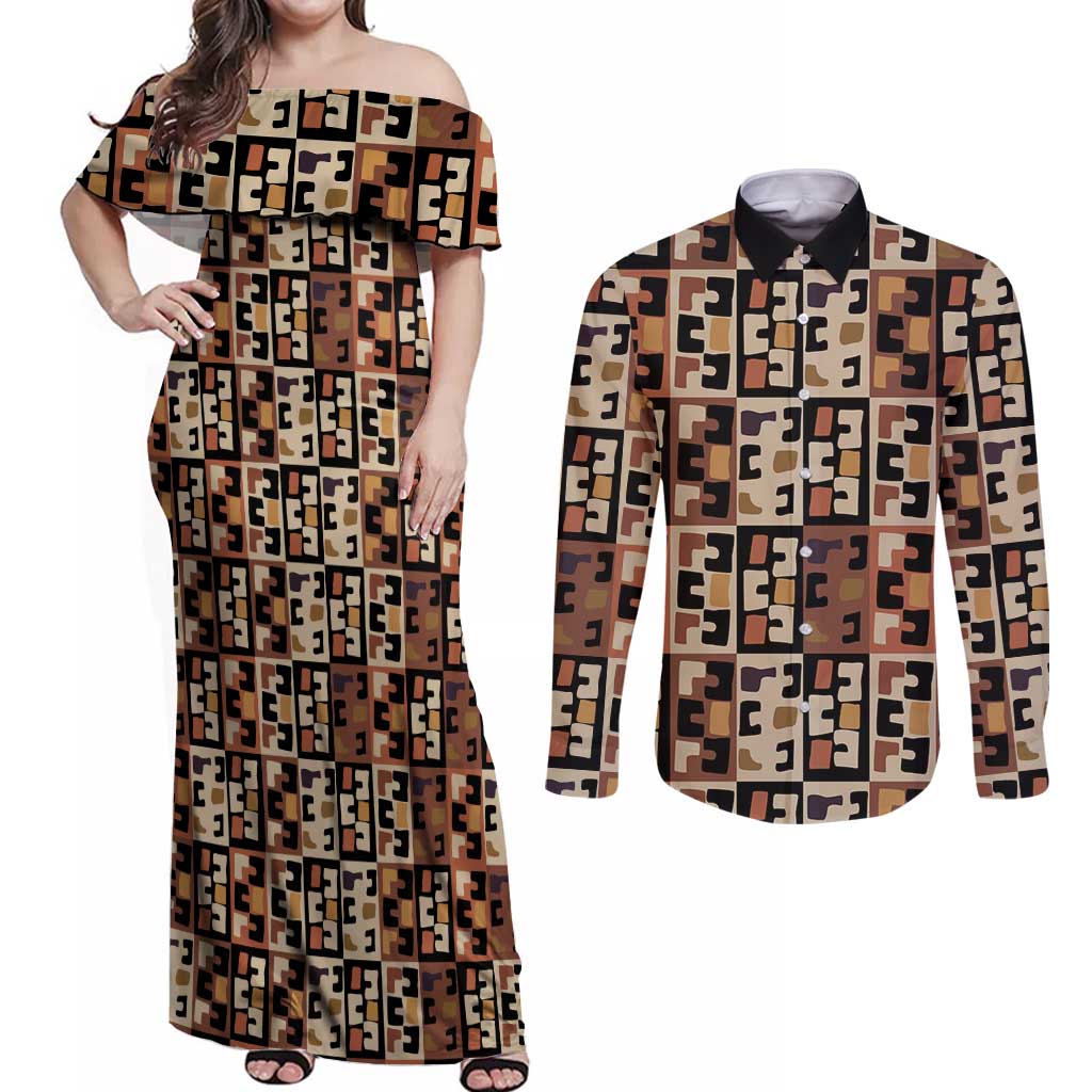 Kuba Flow Couples Matching Off Shoulder Maxi Dress and Long Sleeve Button Shirt with Geometric Tribal Blocks and Earth-Tone Mosaic Design - Wonder Print Shop