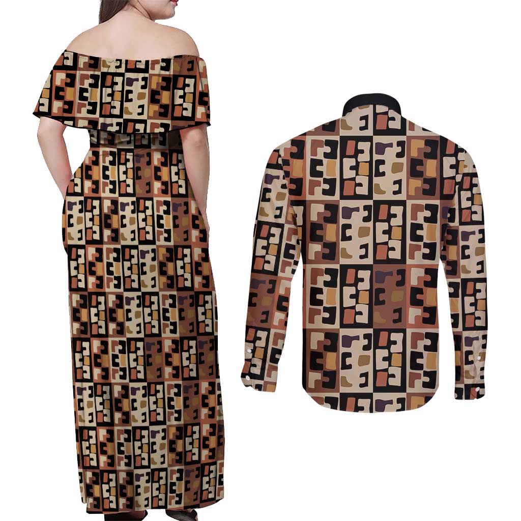 Kuba Flow Couples Matching Off Shoulder Maxi Dress and Long Sleeve Button Shirt with Geometric Tribal Blocks and Earth-Tone Mosaic Design - Wonder Print Shop