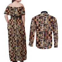 Kuba Flow Couples Matching Off Shoulder Maxi Dress and Long Sleeve Button Shirt with Geometric Tribal Blocks and Earth-Tone Mosaic Design - Wonder Print Shop