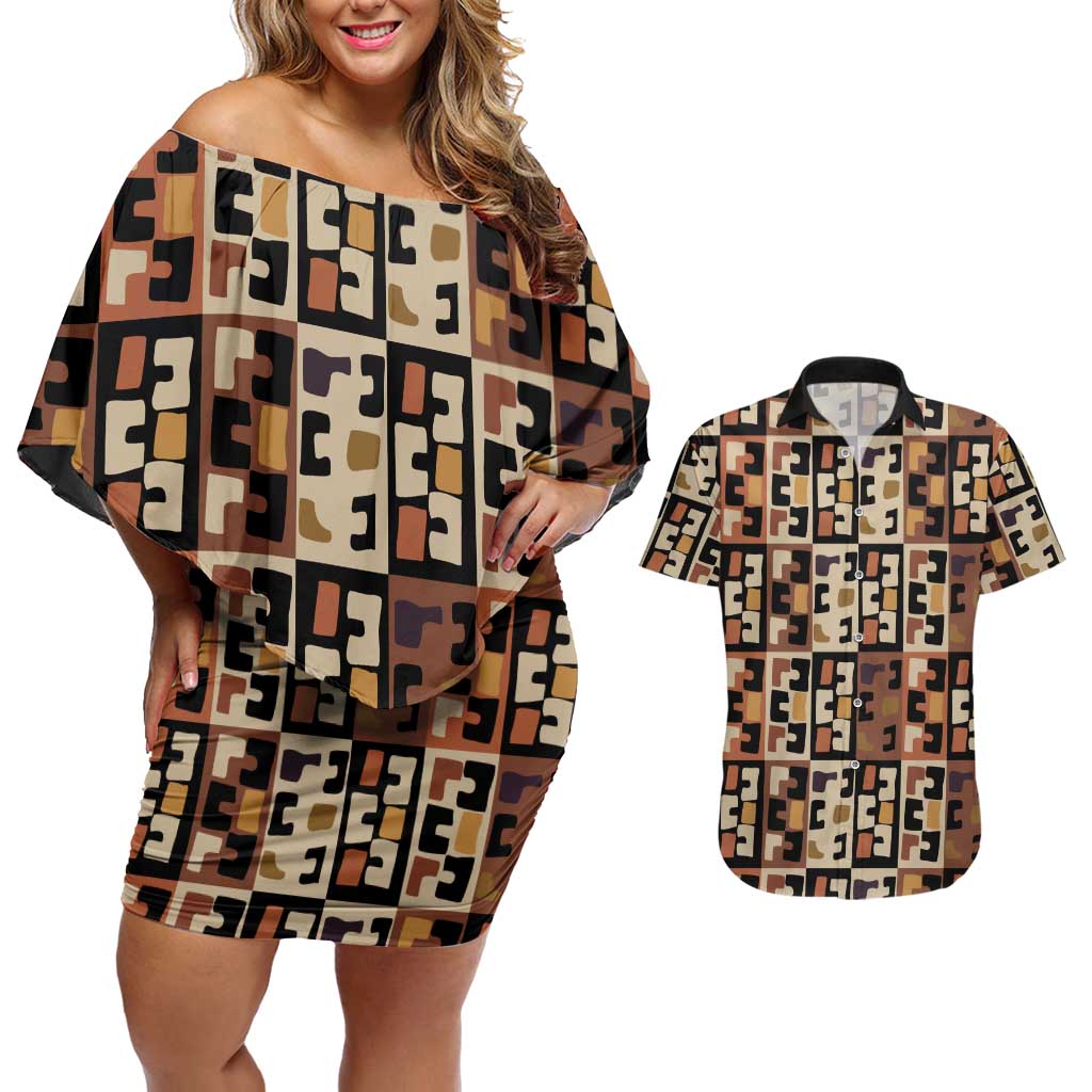 Kuba Flow Couples Matching Off Shoulder Short Dress and Hawaiian Shirt with Geometric Tribal Blocks and Earth-Tone Mosaic Design - Wonder Print Shop
