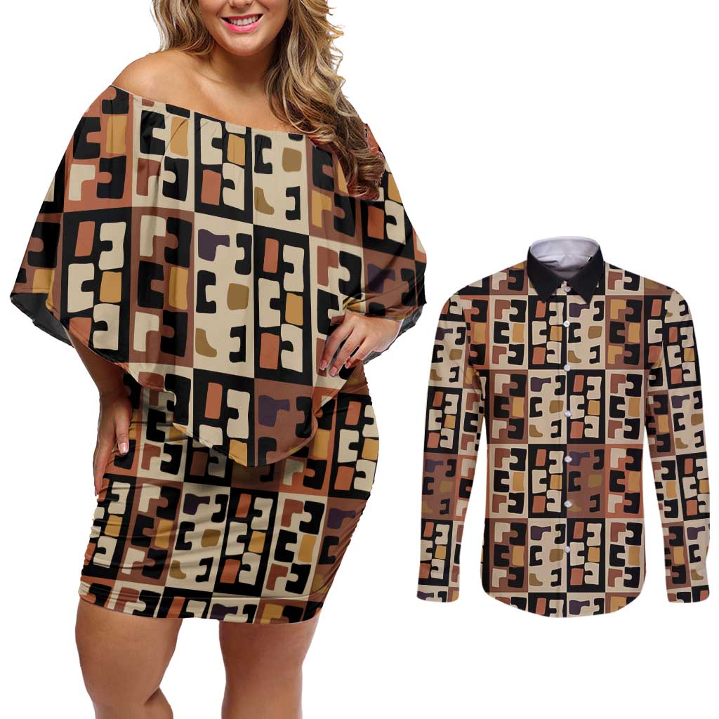 Kuba Flow Couples Matching Off Shoulder Short Dress and Long Sleeve Button Shirt with Geometric Tribal Blocks and Earth-Tone Mosaic Design - Wonder Print Shop