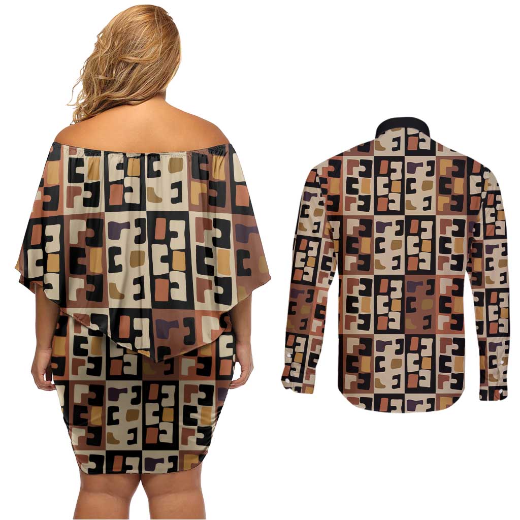 Kuba Flow Couples Matching Off Shoulder Short Dress and Long Sleeve Button Shirt with Geometric Tribal Blocks and Earth-Tone Mosaic Design - Wonder Print Shop