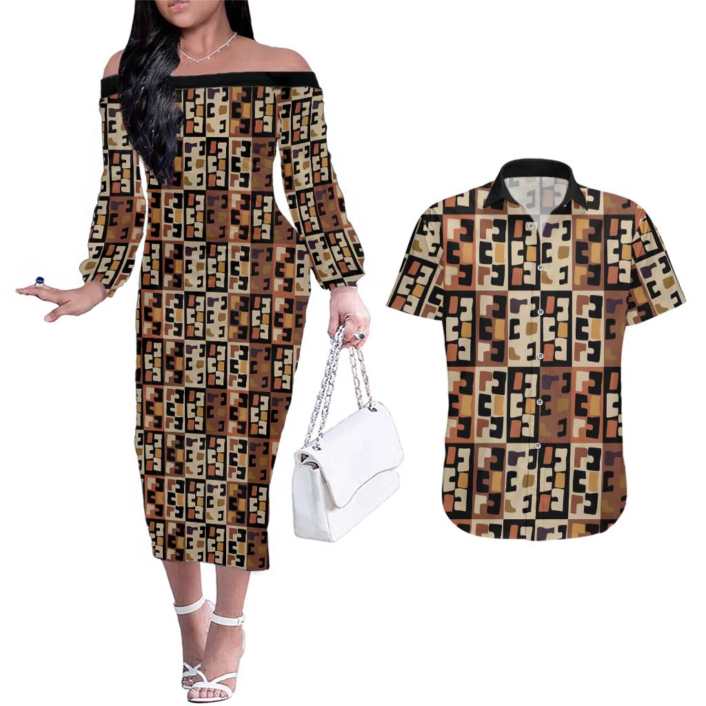 Kuba Flow Couples Matching Off The Shoulder Long Sleeve Dress and Hawaiian Shirt with Geometric Tribal Blocks and Earth-Tone Mosaic Design - Wonder Print Shop
