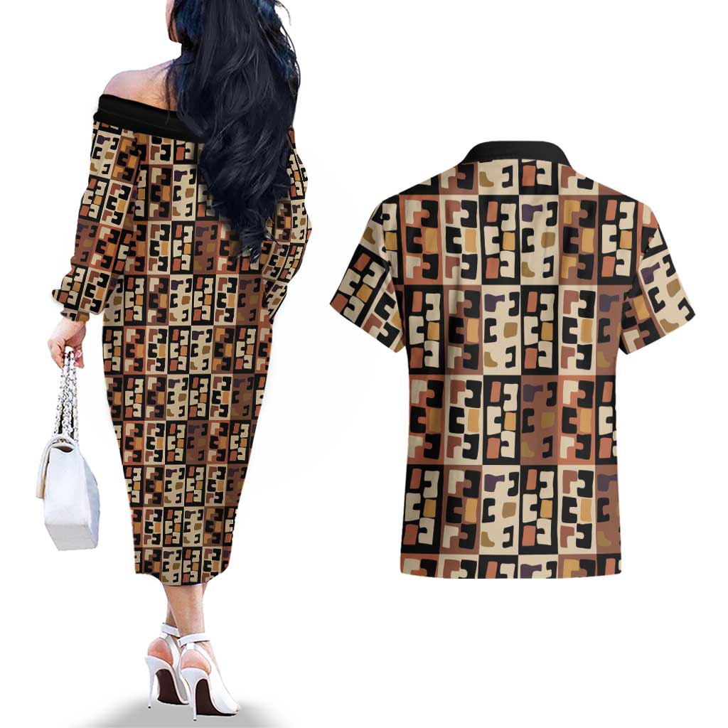 Kuba Flow Couples Matching Off The Shoulder Long Sleeve Dress and Hawaiian Shirt with Geometric Tribal Blocks and Earth-Tone Mosaic Design - Wonder Print Shop
