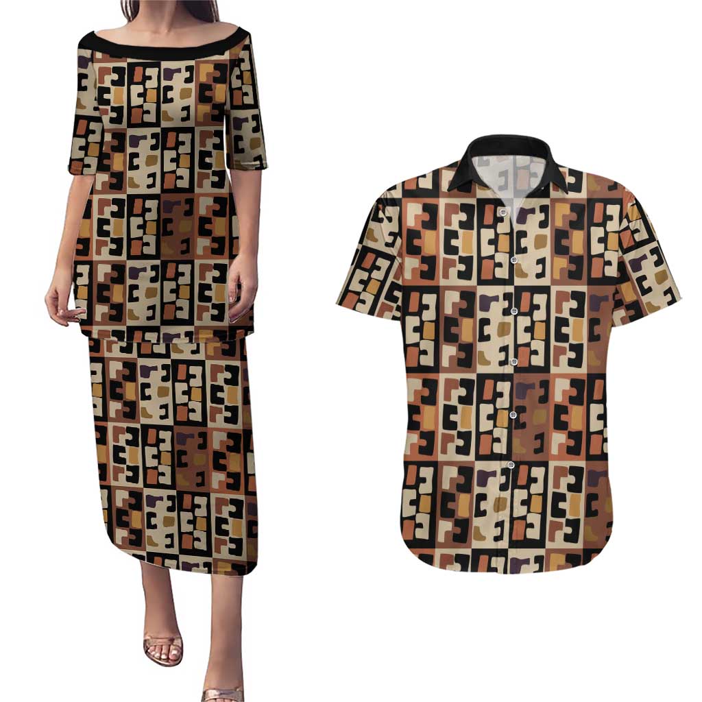 Kuba Flow Couples Matching Puletasi and Hawaiian Shirt with Geometric Tribal Blocks and Earth-Tone Mosaic Design - Wonder Print Shop