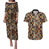 Kuba Flow Couples Matching Puletasi and Hawaiian Shirt with Geometric Tribal Blocks and Earth-Tone Mosaic Design - Wonder Print Shop