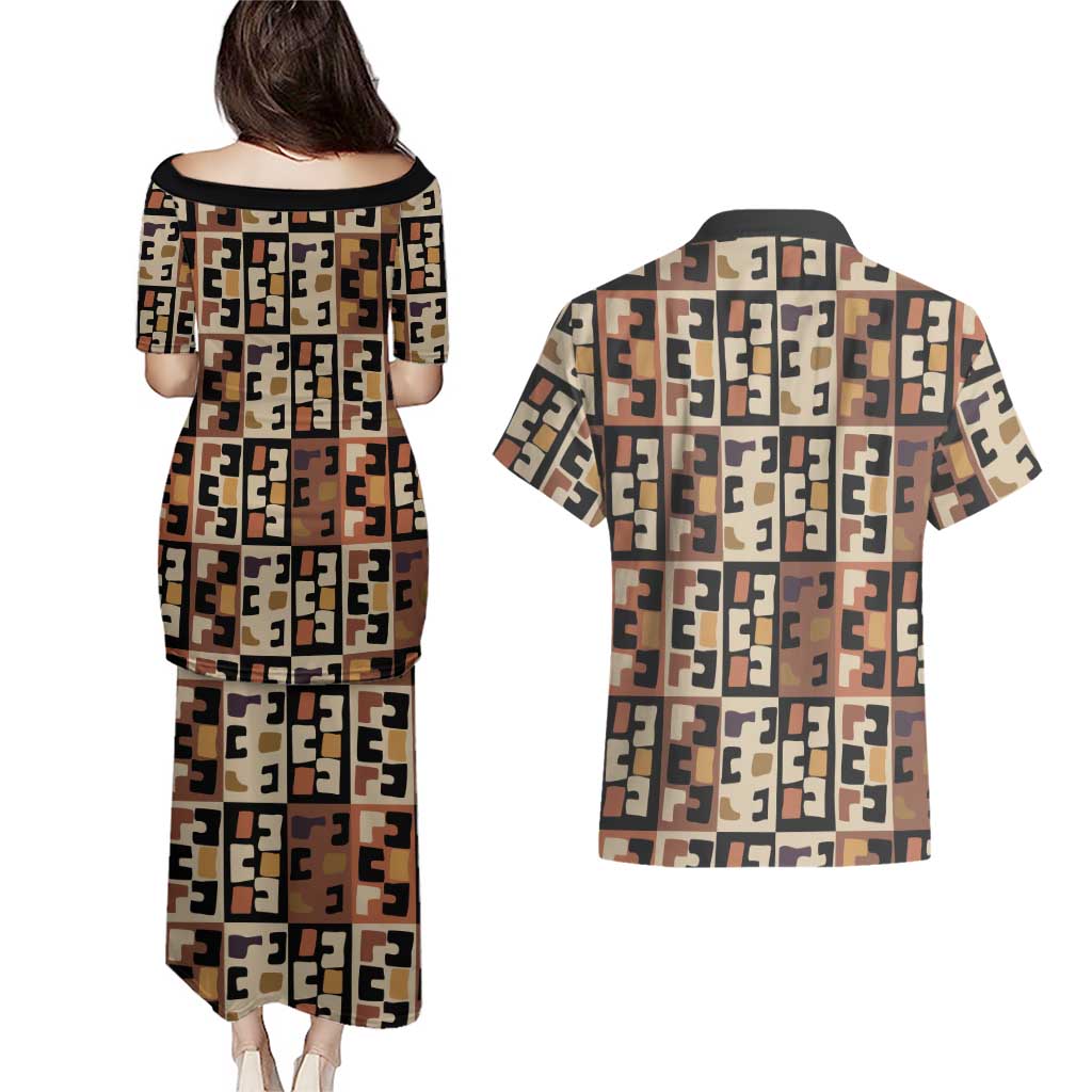 Kuba Flow Couples Matching Puletasi and Hawaiian Shirt with Geometric Tribal Blocks and Earth-Tone Mosaic Design - Wonder Print Shop