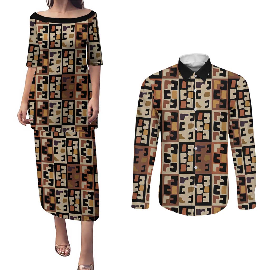 Kuba Flow Couples Matching Puletasi and Long Sleeve Button Shirt with Geometric Tribal Blocks and Earth-Tone Mosaic Design - Wonder Print Shop