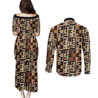 Kuba Flow Couples Matching Puletasi and Long Sleeve Button Shirt with Geometric Tribal Blocks and Earth-Tone Mosaic Design - Wonder Print Shop
