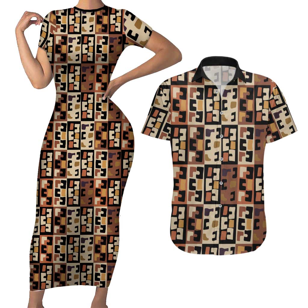 Kuba Flow Couples Matching Short Sleeve Bodycon Dress and Hawaiian Shirt with Geometric Tribal Blocks and Earth-Tone Mosaic Design - Wonder Print Shop