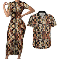 Kuba Flow Couples Matching Short Sleeve Bodycon Dress and Hawaiian Shirt with Geometric Tribal Blocks and Earth-Tone Mosaic Design - Wonder Print Shop