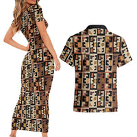 Kuba Flow Couples Matching Short Sleeve Bodycon Dress and Hawaiian Shirt with Geometric Tribal Blocks and Earth-Tone Mosaic Design - Wonder Print Shop