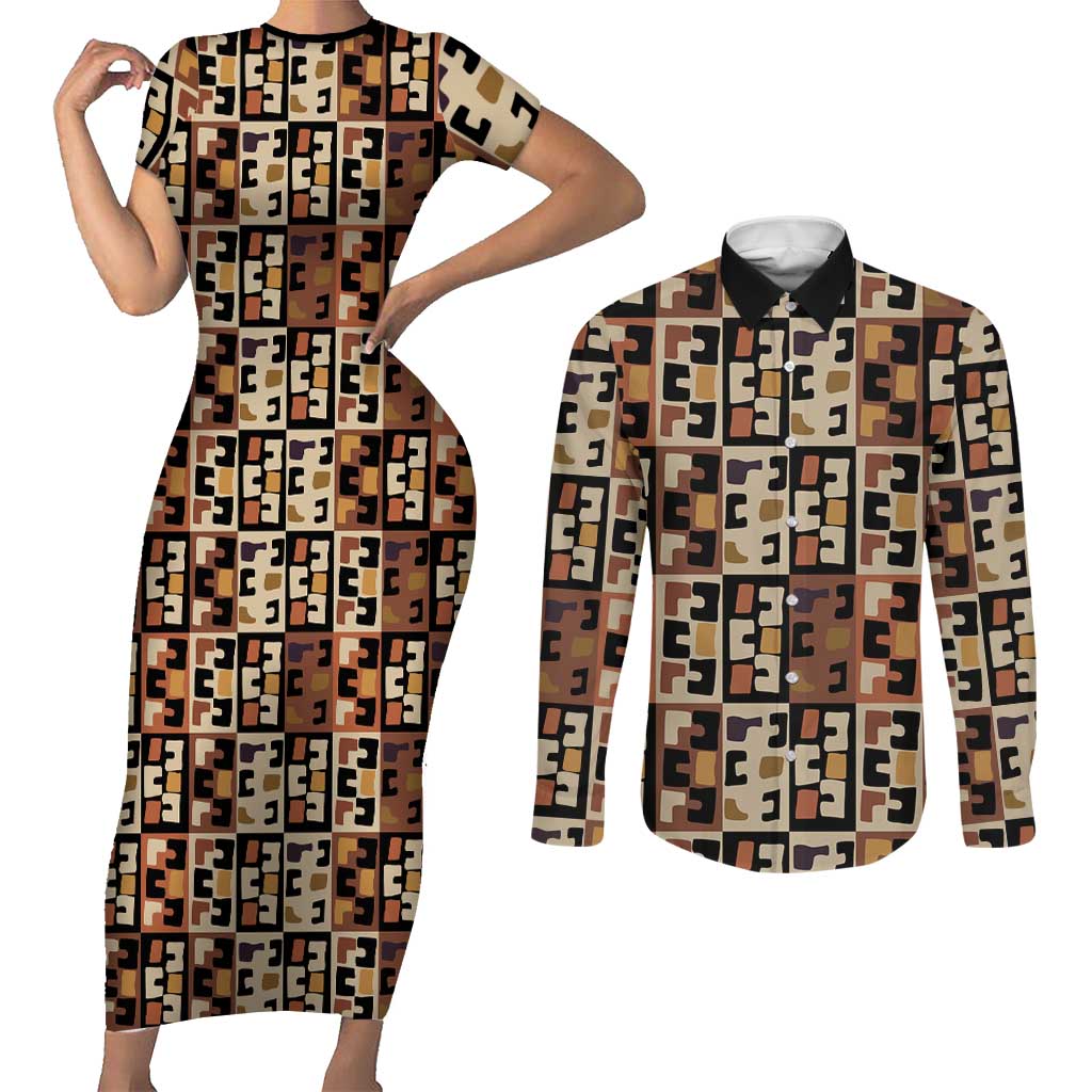 Kuba Flow Couples Matching Short Sleeve Bodycon Dress and Long Sleeve Button Shirt with Geometric Tribal Blocks and Earth-Tone Mosaic Design - Wonder Print Shop